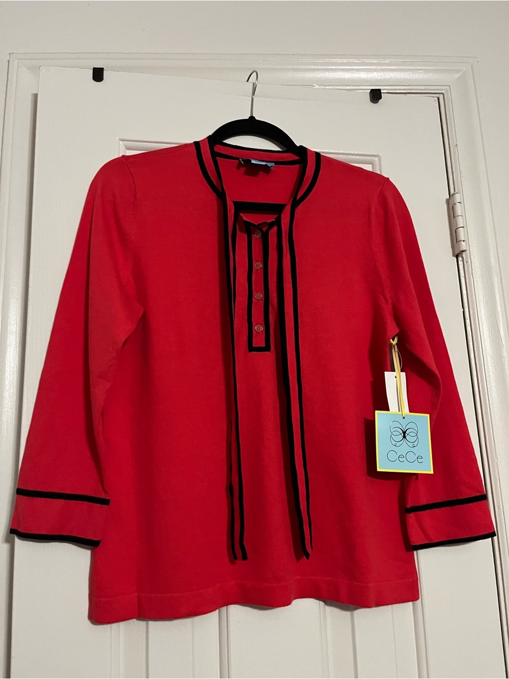 CeCe Red Knit Tunic with Black Trim and Tie Detail